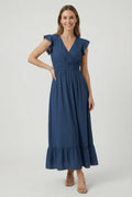 Women's ruffled sleeve casual maxi dress, front view