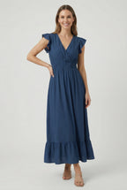 Women's ruffled sleeve casual maxi dress, front view