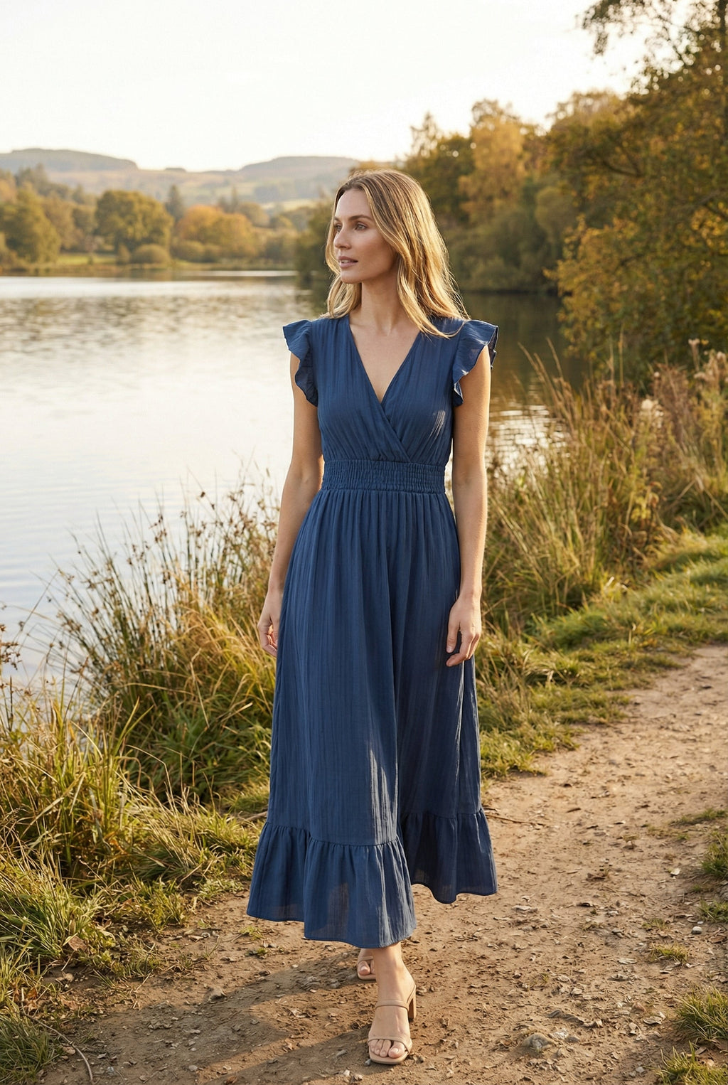 Women's floor-length ruffled sleeve dress, back view