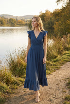 Women's floor-length ruffled sleeve dress, back view