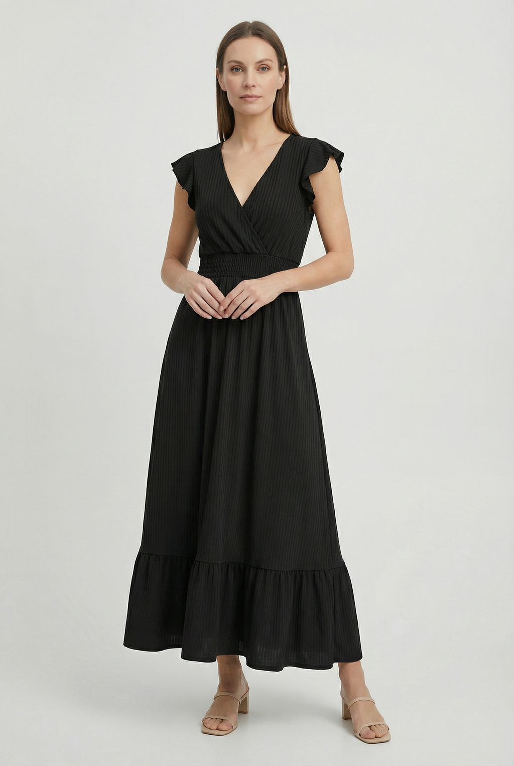 Women's ruffled maxi dress, full length front view