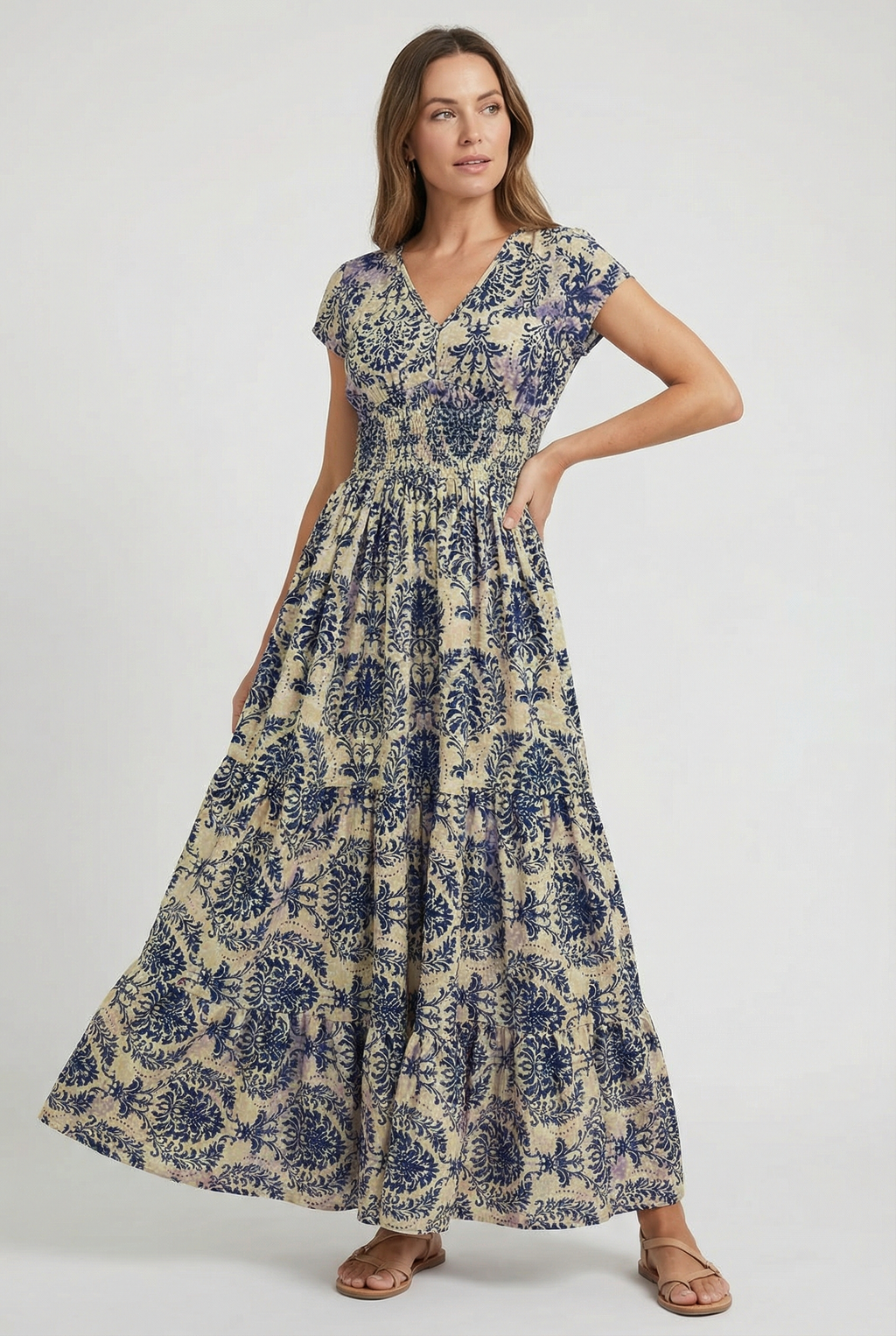 Women's retro print V-neck maxi dress, side view