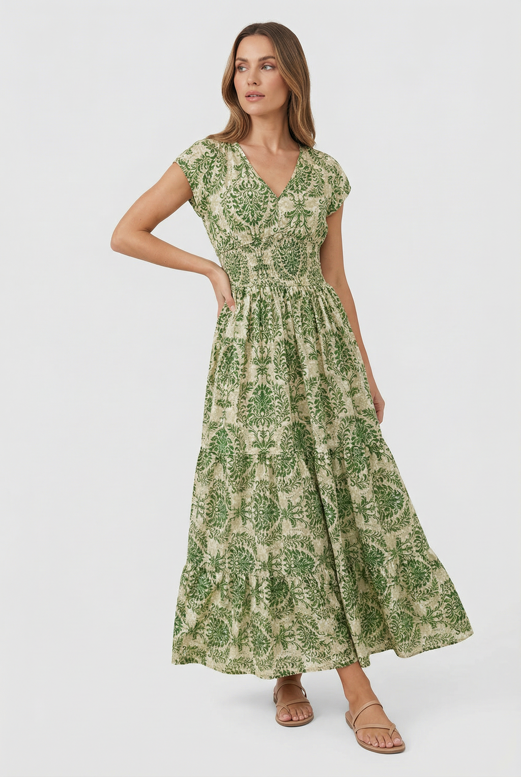 Women's lightweight casual maxi dress in alternate print, front view