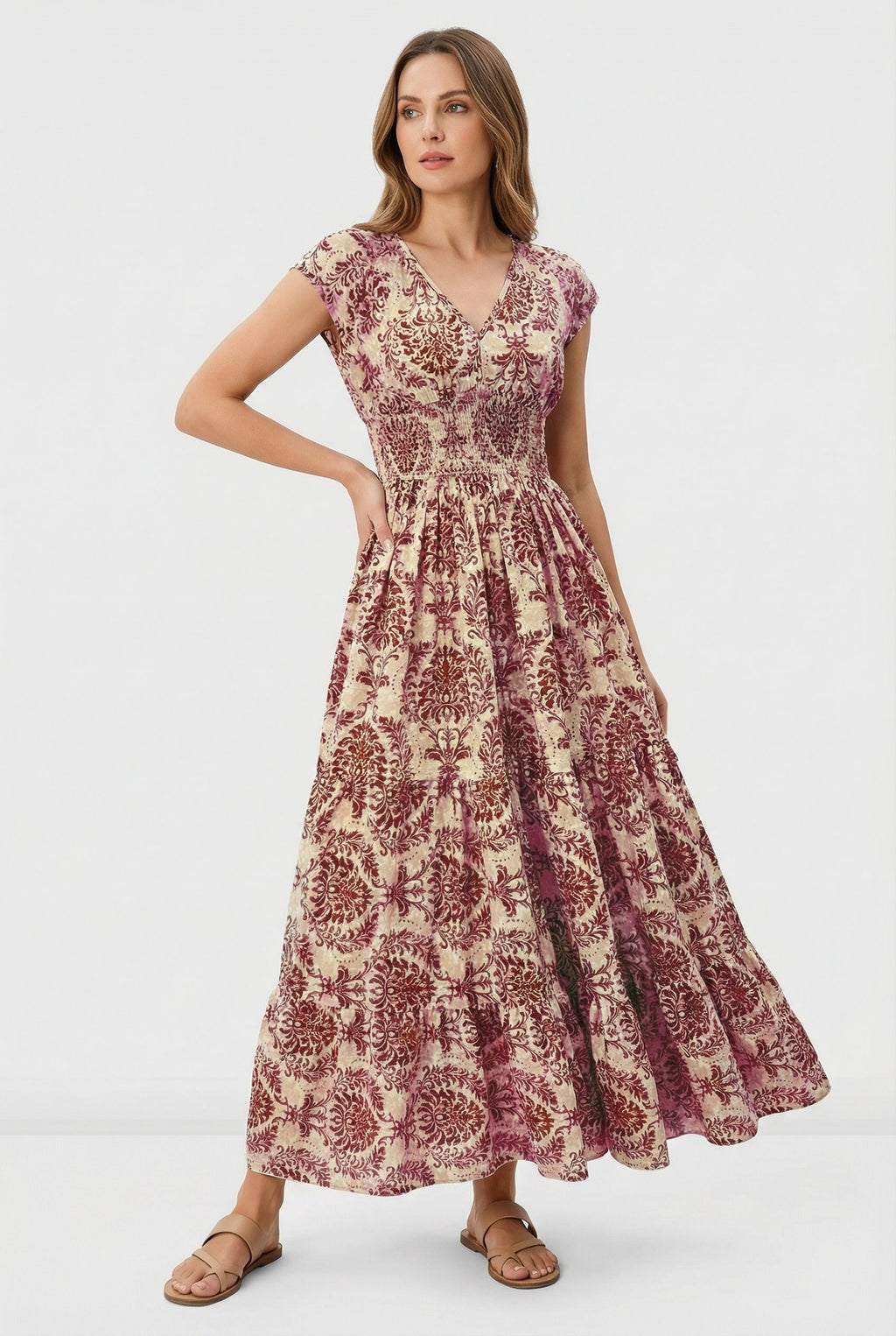 Women's casual lightweight maxi dress, styled for a summer occasion