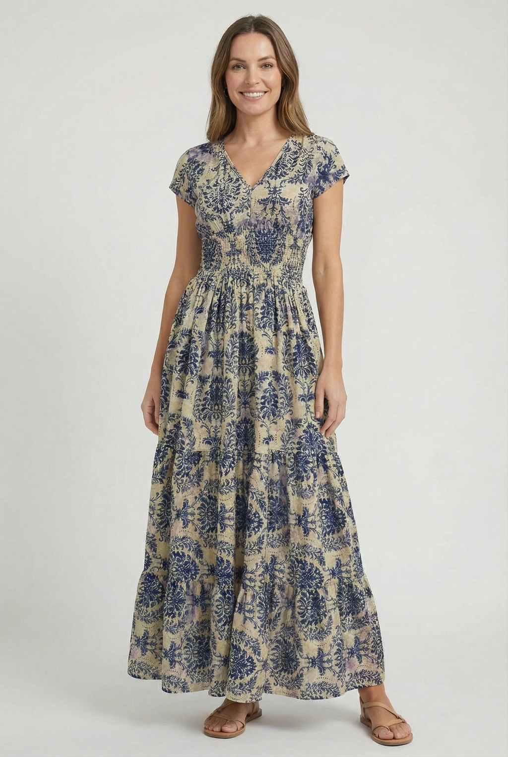 Women's retro print lightweight casual maxi dress, front view