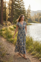 Women's lightweight retro print maxi dress, back view