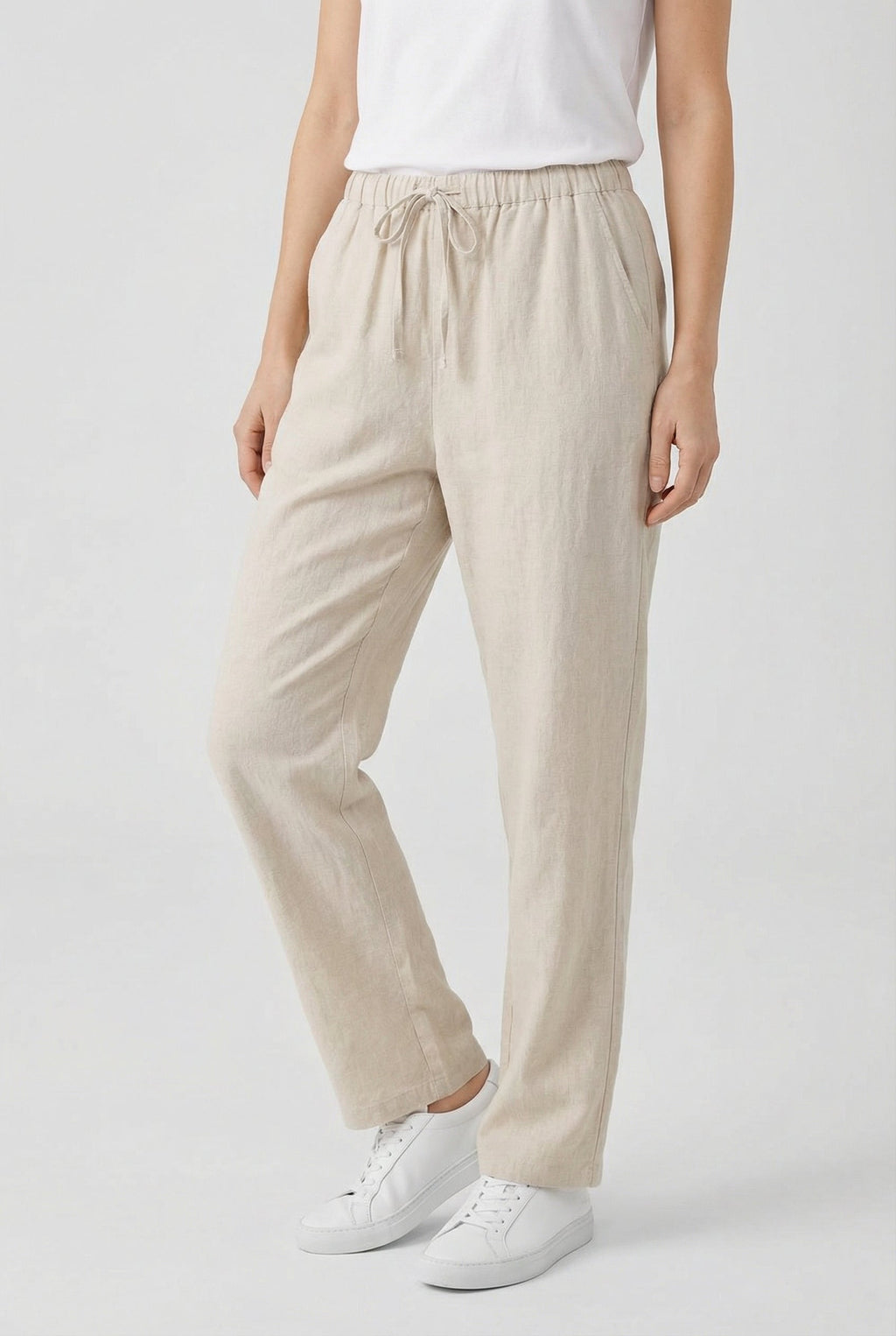 Beige linen trousers for women – high waist drawstring straight leg detail