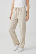 Beige linen trousers for women – high waist drawstring straight leg detail