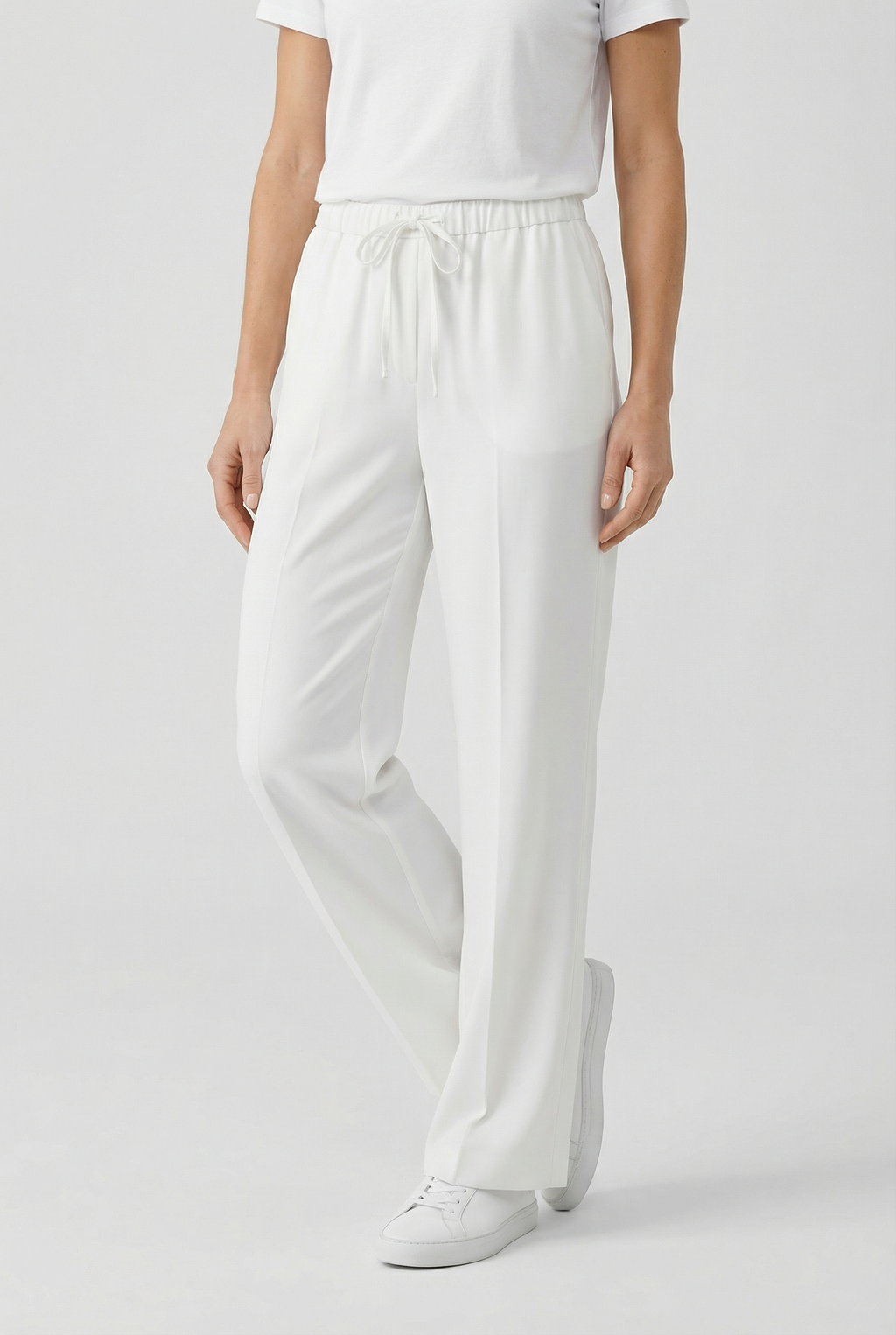 Women's high waist linen trousers in white – drawstring straight leg style
