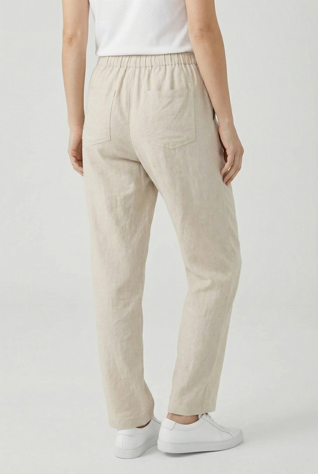 Women's straight leg linen trousers in beige – high waist back view