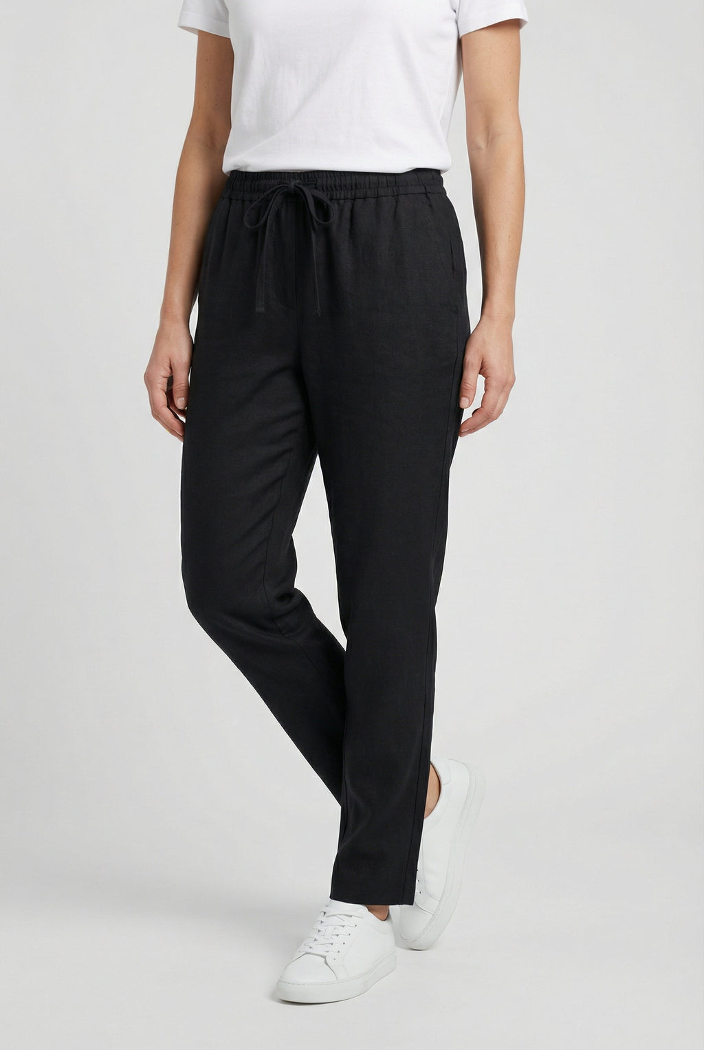 Black linen trousers for women – high waist drawstring straight leg full length