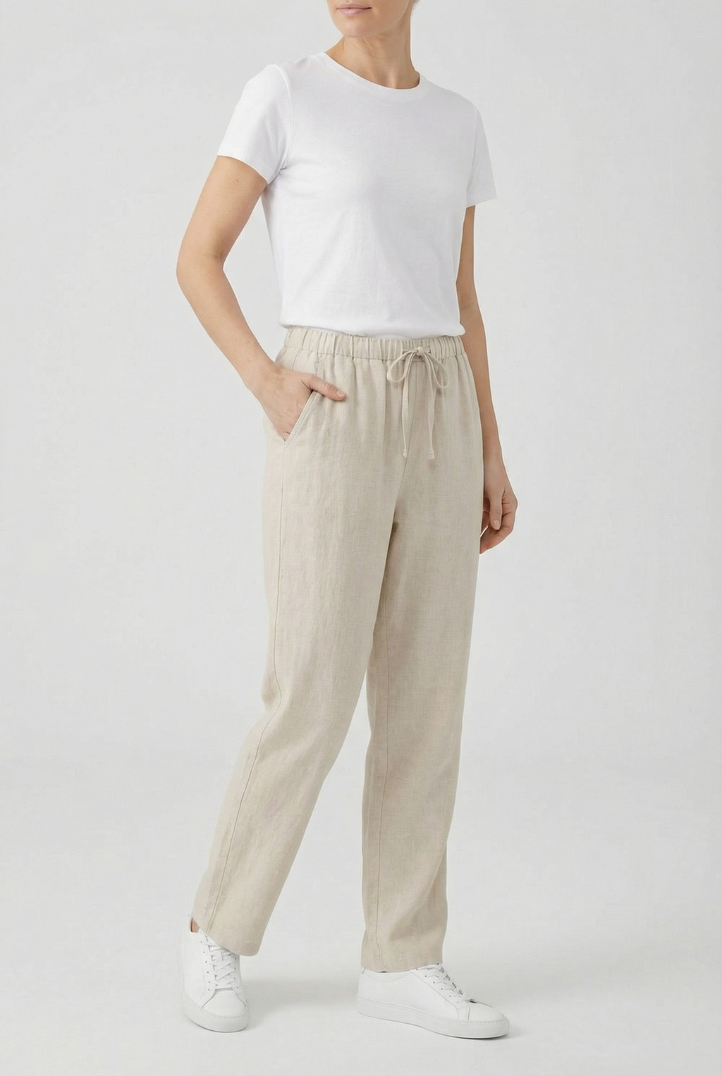 Women's high waist linen trousers in beige – drawstring straight leg front view