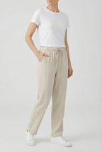 Women's high waist linen trousers in beige – drawstring straight leg front view