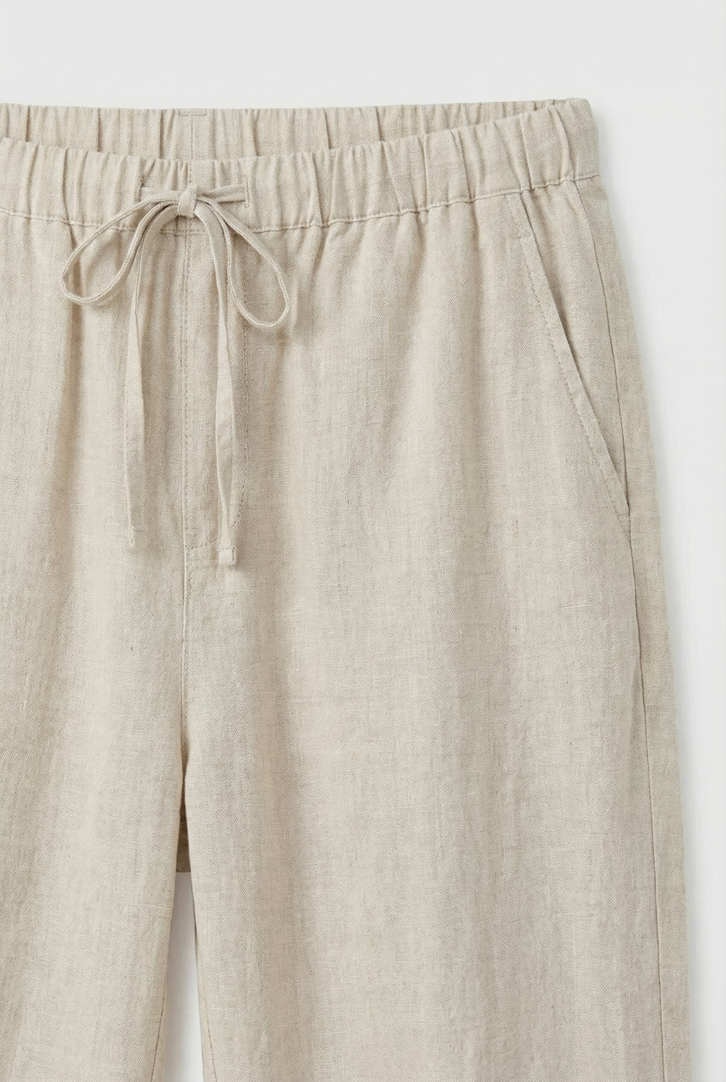 Women's high waist linen trousers – drawstring waist close-up detail