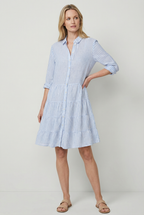 Women's striped mini dress with A-line silhouette, side view
