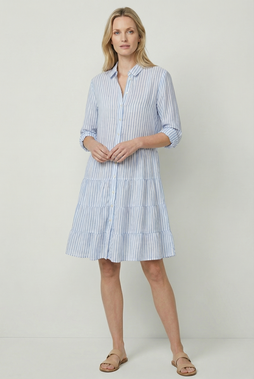 Women's striped A-line lightweight summer mini dress, front view