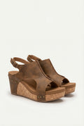 Women's vegan leather platform sandals with cork wedge heel, front view