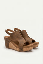 Women's vegan leather platform sandals with cork wedge heel, front view