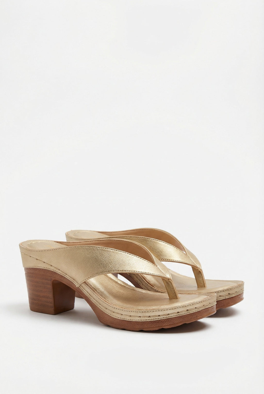 Women's vegan leather sandals with low block heel, front view