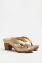 Women's vegan leather sandals with low block heel, front view
