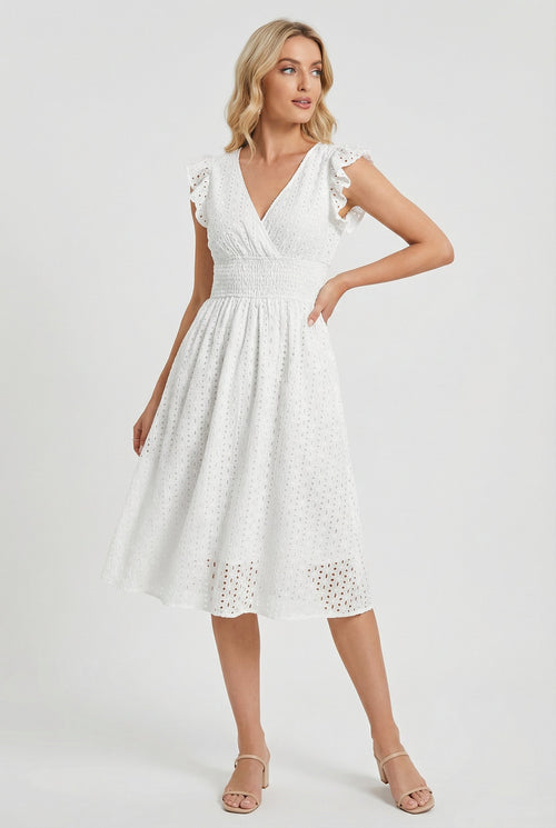Women's eyelet dress with ruffled cap sleeves, side view