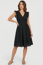 Women's eyelet dress with smocked waist in alternate colour, front view