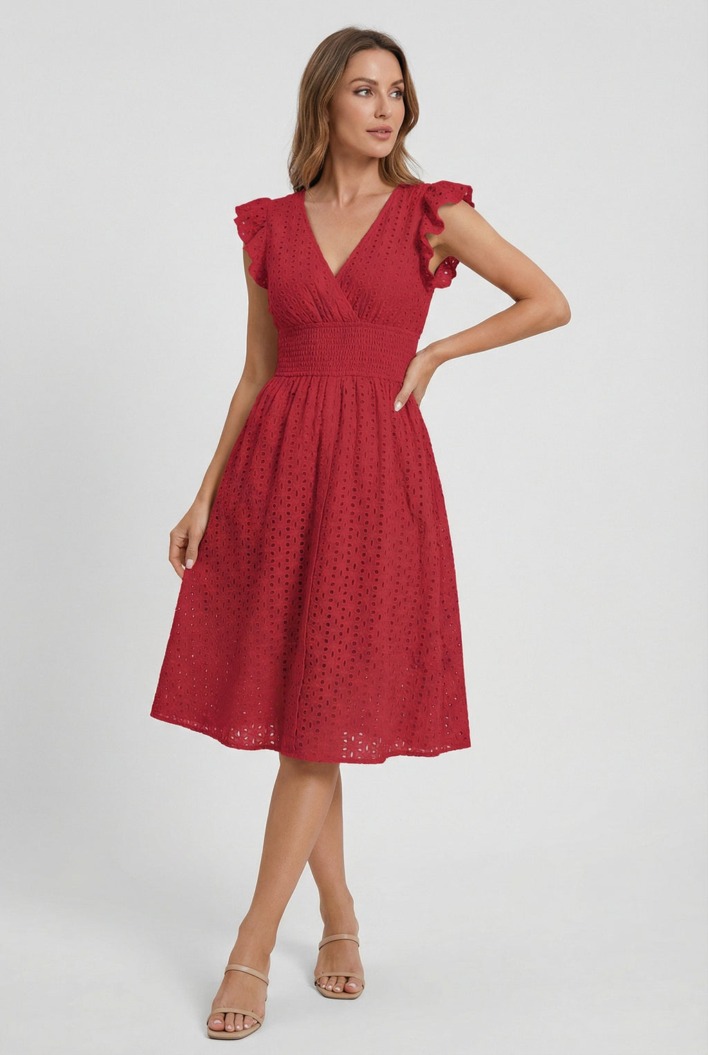 Women's A-line eyelet dress, styled for a summer garden occasion