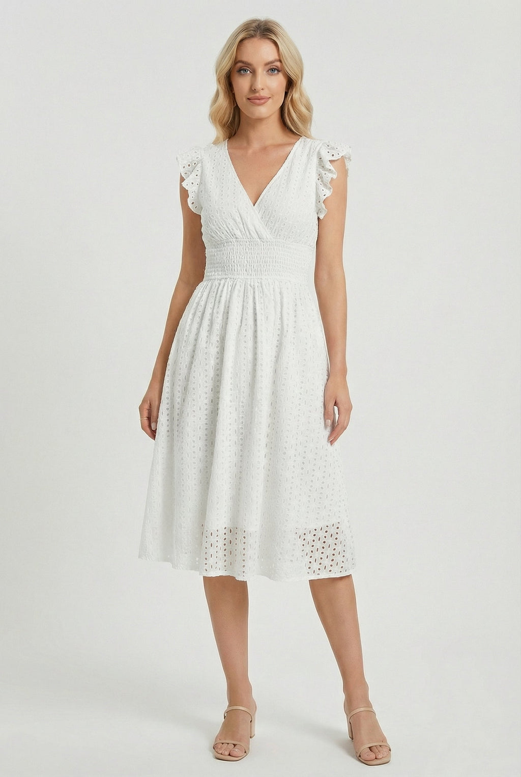 Women's A-line eyelet summer dress with smocked waist, front view