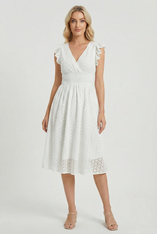 Women's A-line eyelet summer dress with smocked waist, front view