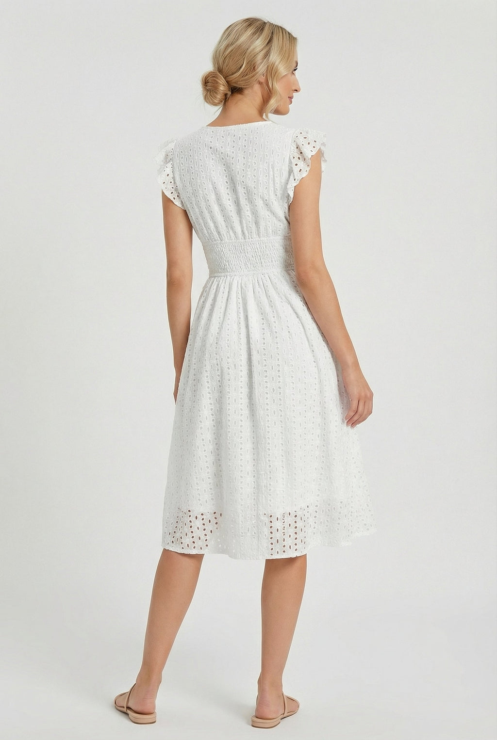 Women's A-line summer dress with smocked waistband, close-up of fabric