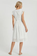 Women's A-line summer dress with smocked waistband, close-up of fabric