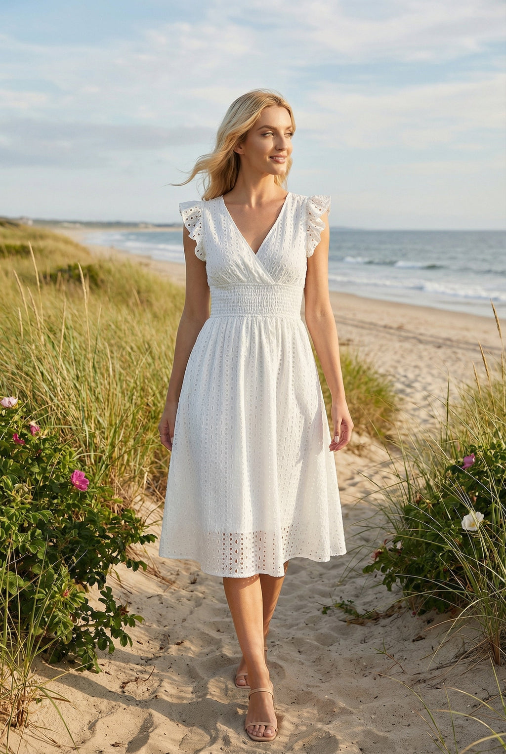 Women's eyelet knee-length dress, back view