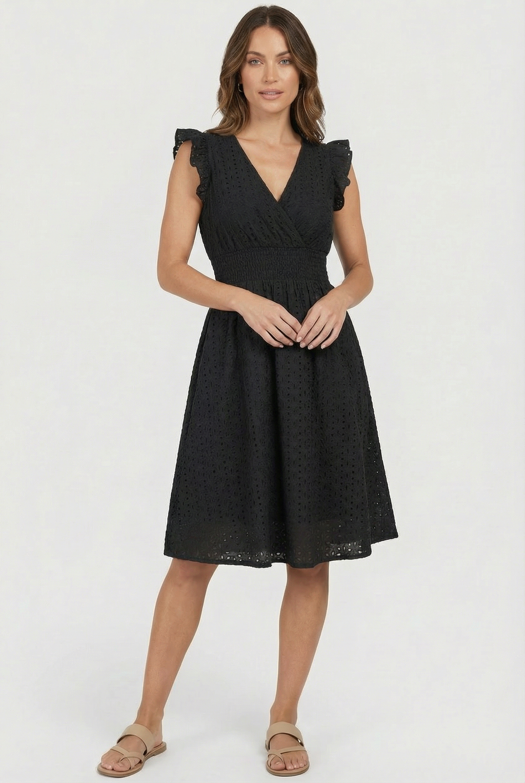 Women's A-line eyelet summer dress, full length front view