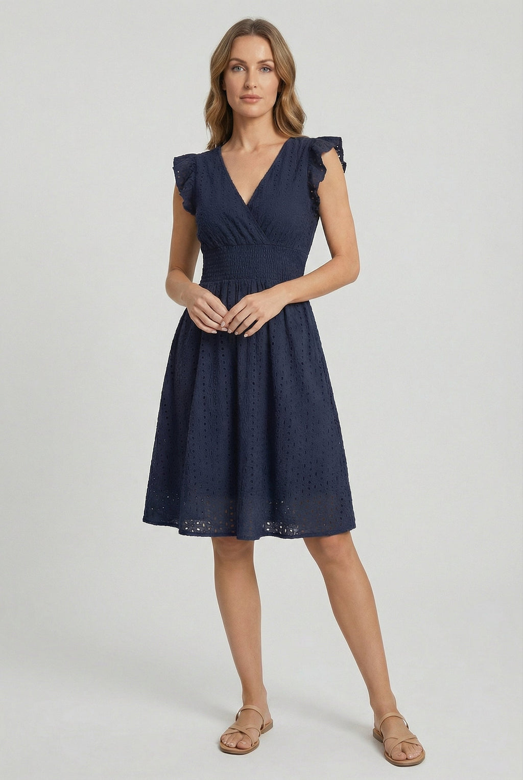Women's ruffled cap sleeve eyelet dress, second colour option full length