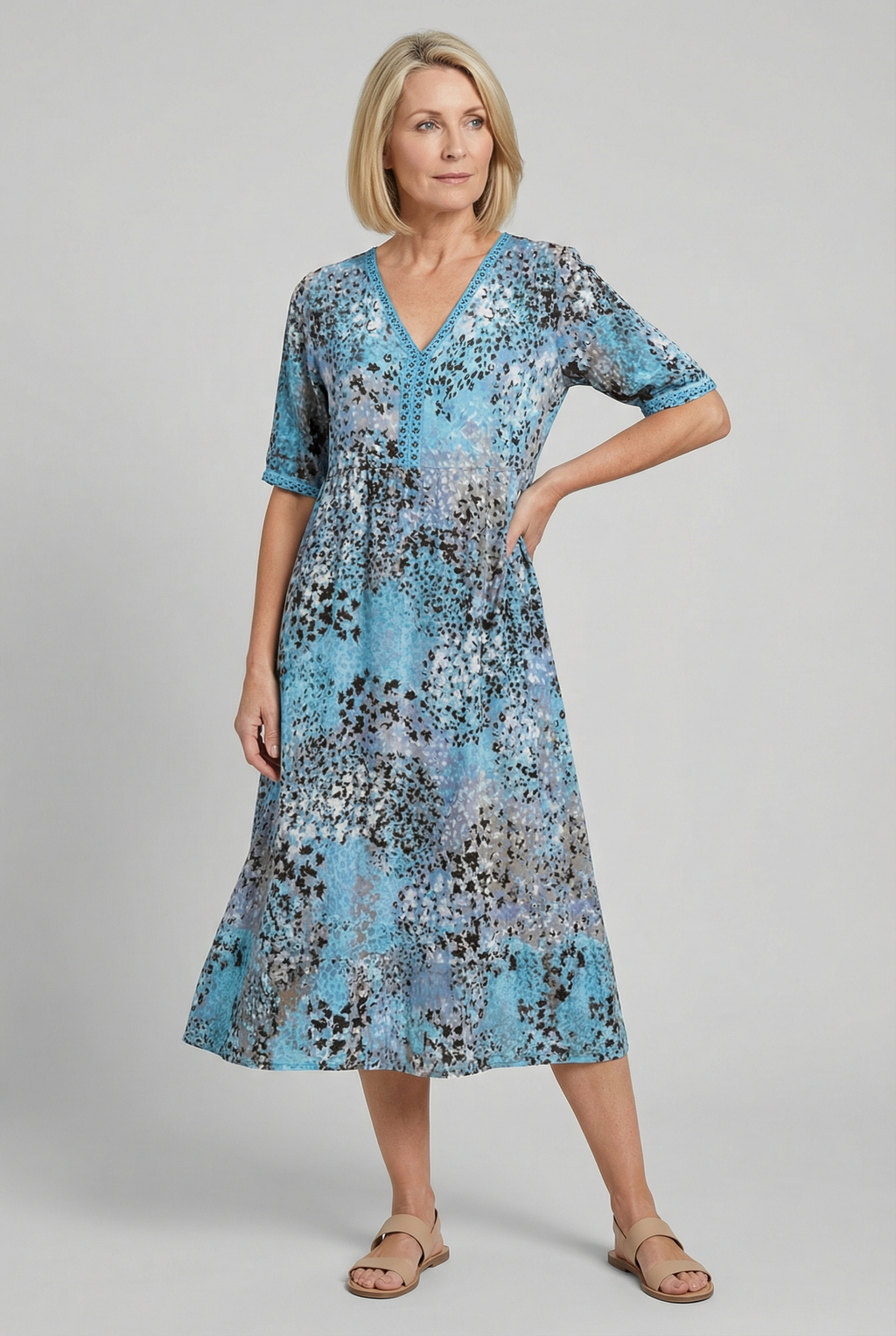 Women's abstract print midi dress in alternate colour, front view