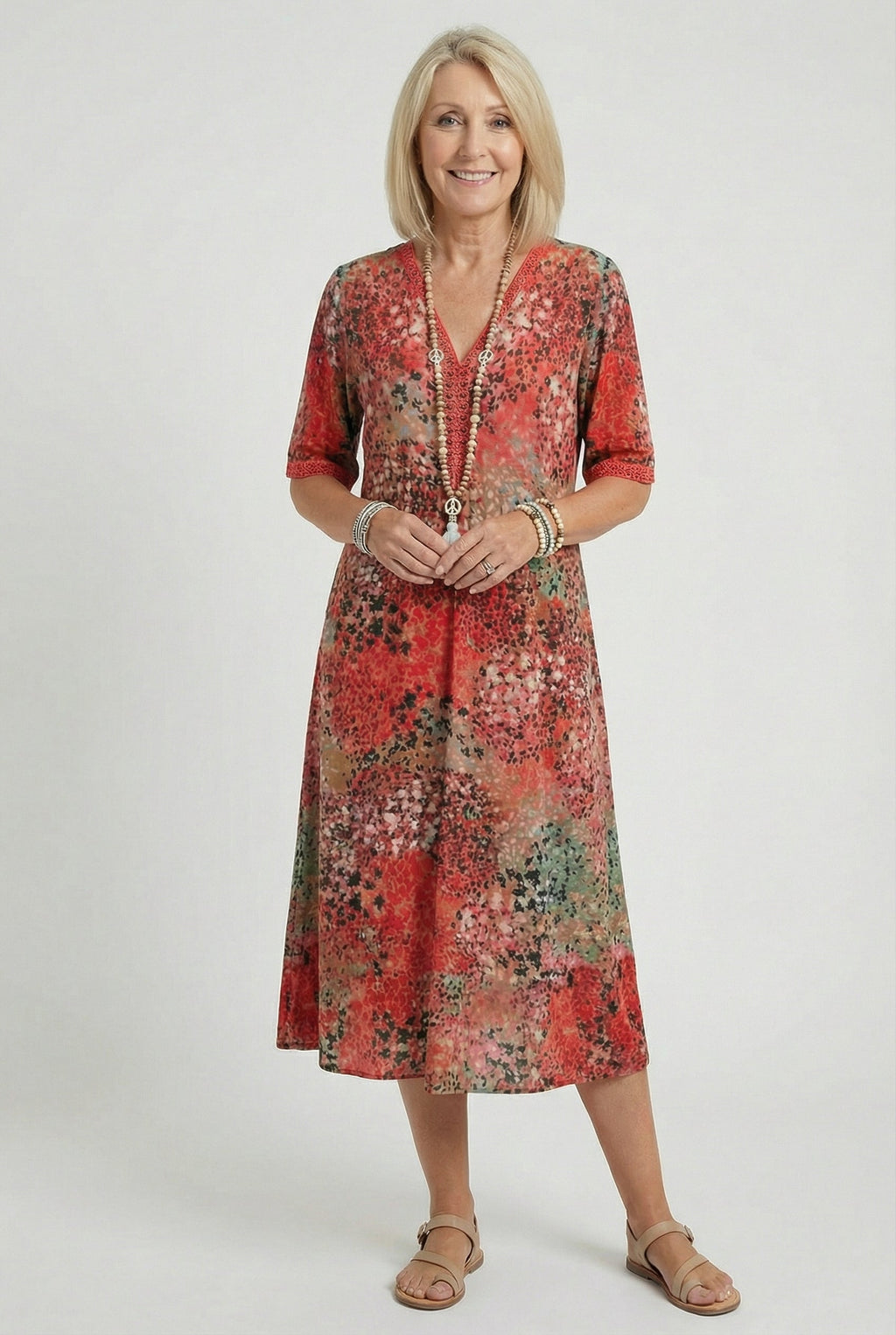 Women's summer casual midi dress with side pockets, front view