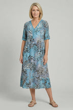 Women's casual summer dress with tiered hem, full length front view