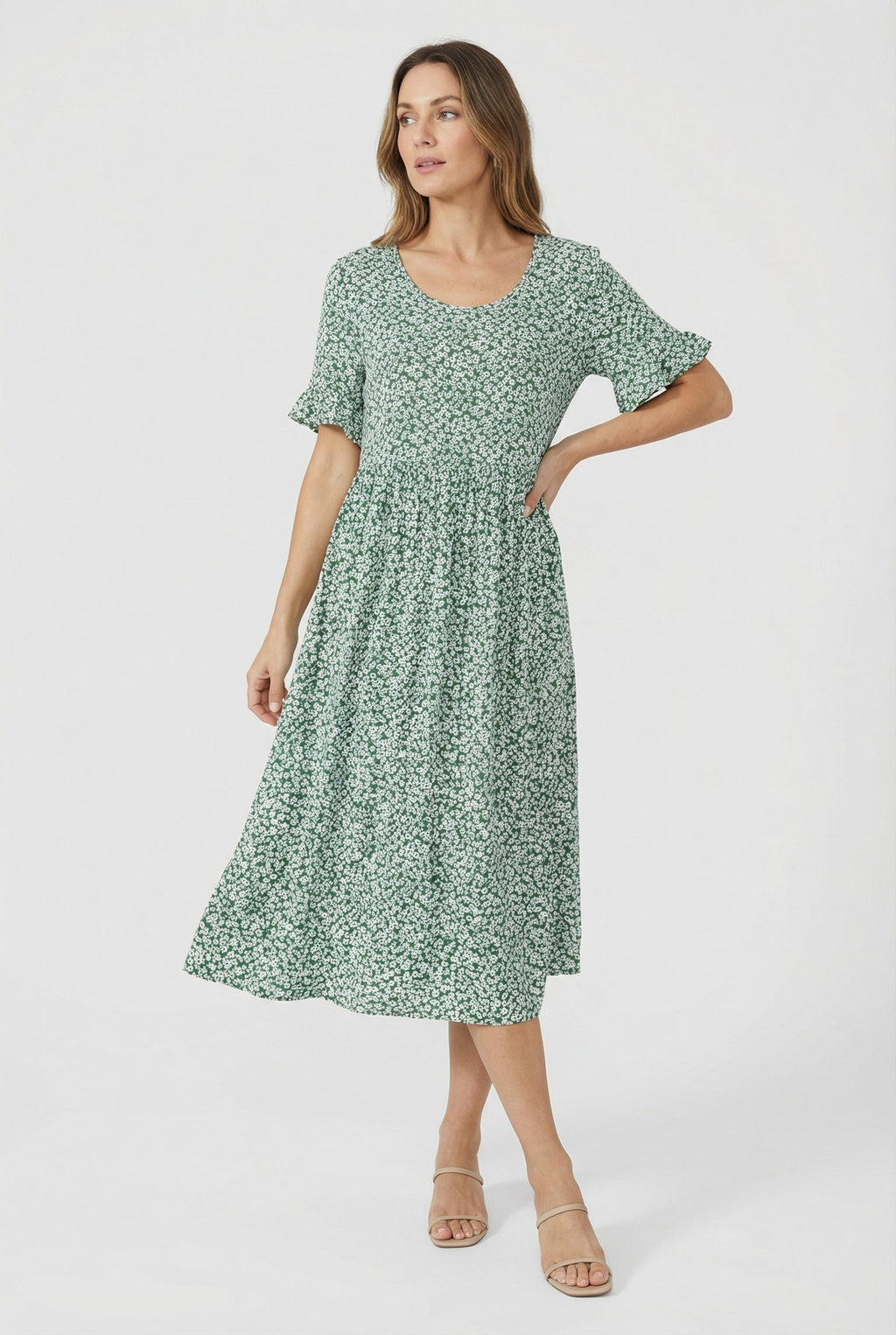 Women's relaxed fit summer midi dress, styled for a garden occasion