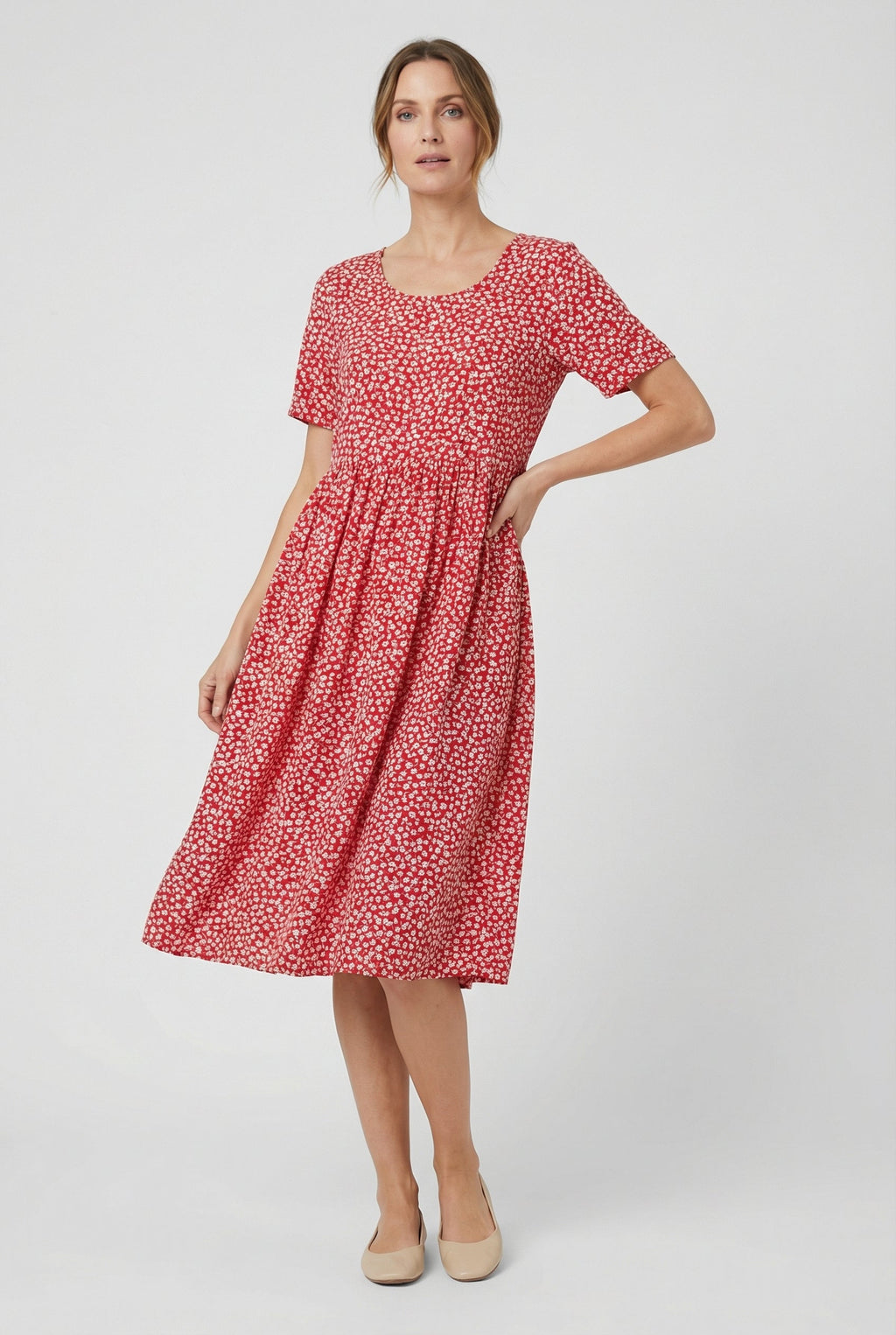 Women's summer midi dress, close-up of fabric and neckline detail