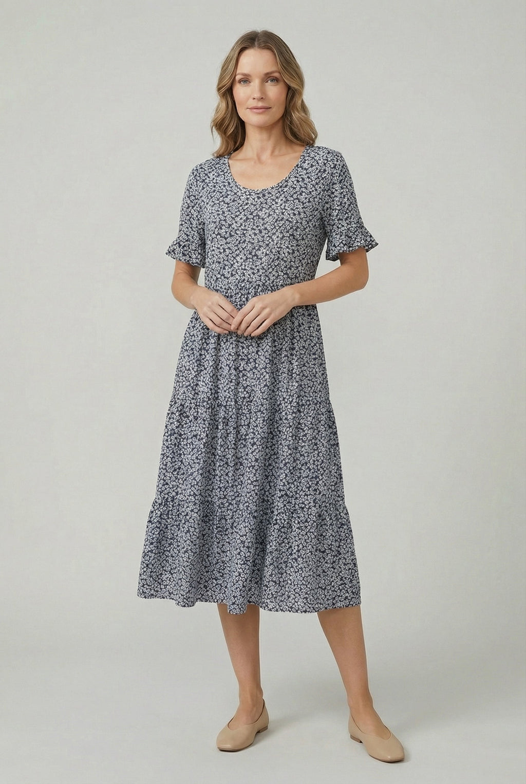 Women's relaxed fit summer midi dress, front view