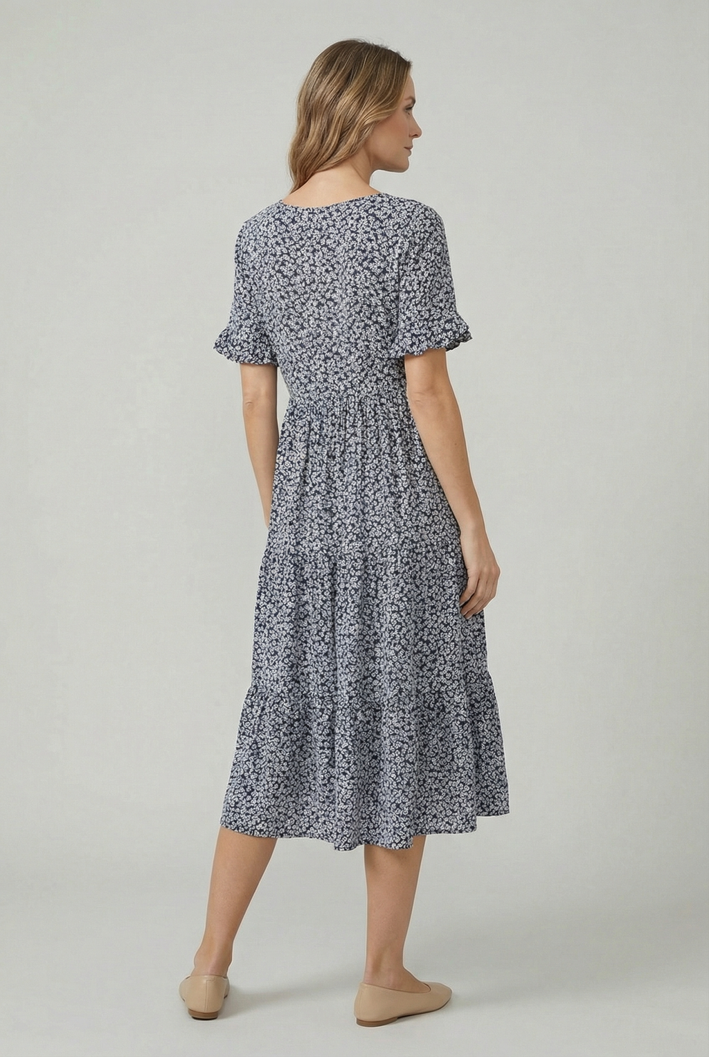 Women's relaxed midi dress with elasticated waist, back view