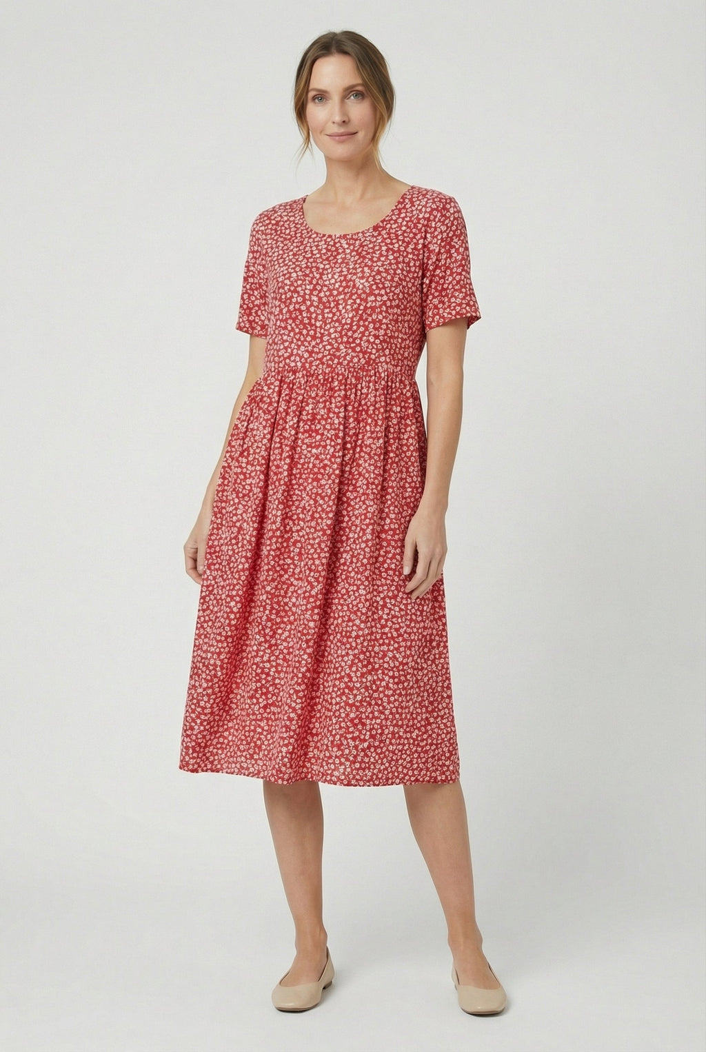 Women's relaxed fit midi dress in alternate colour, front view