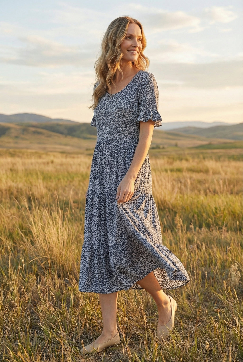 Women's breathable summer midi dress, full length front view