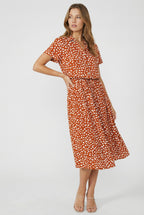 Women's floral midi dress with turn-down collar, side view