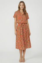 Women's lightweight floral midi dress with waistband, front view