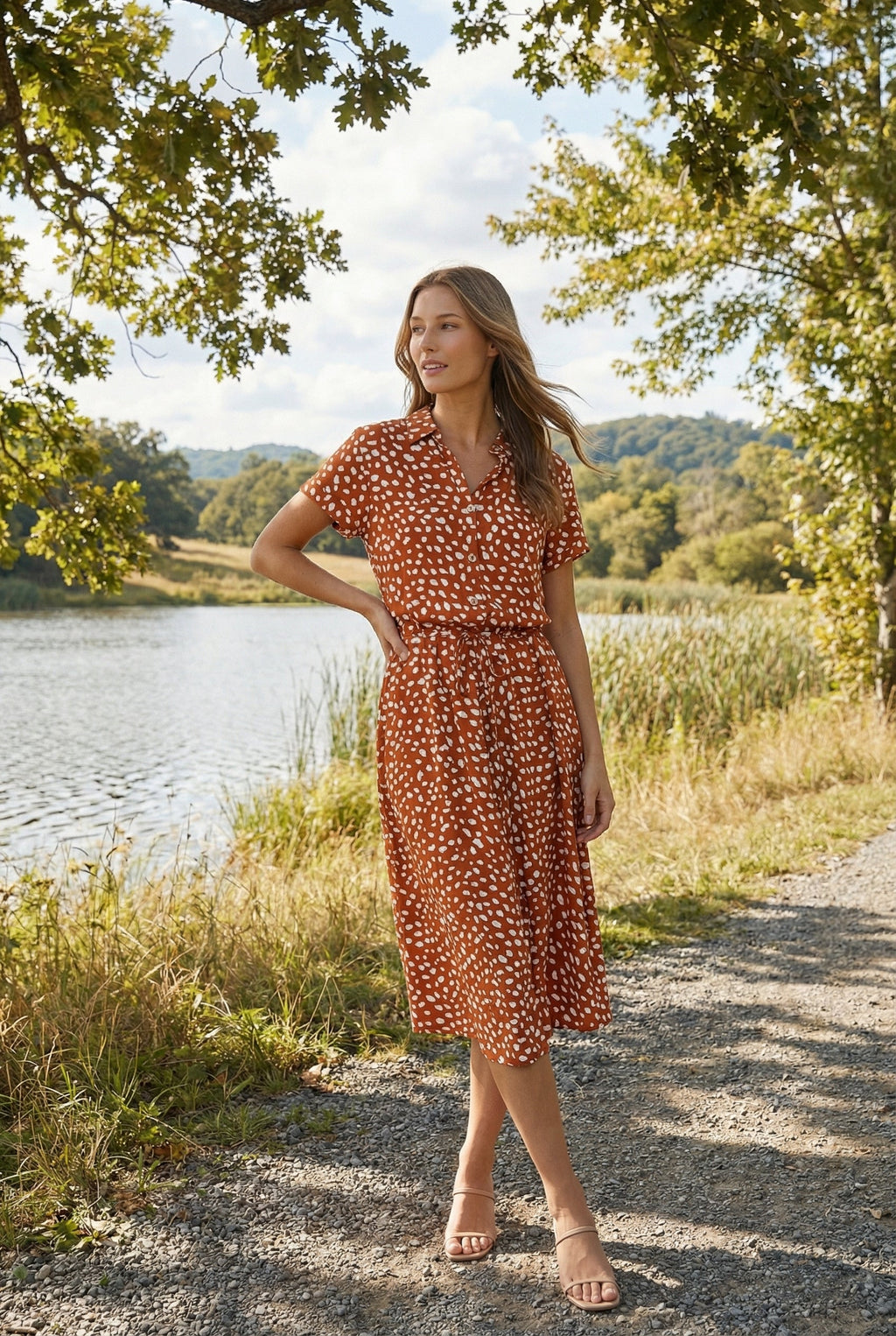 Women's Lightweight Floral Midi Dress with Waistband