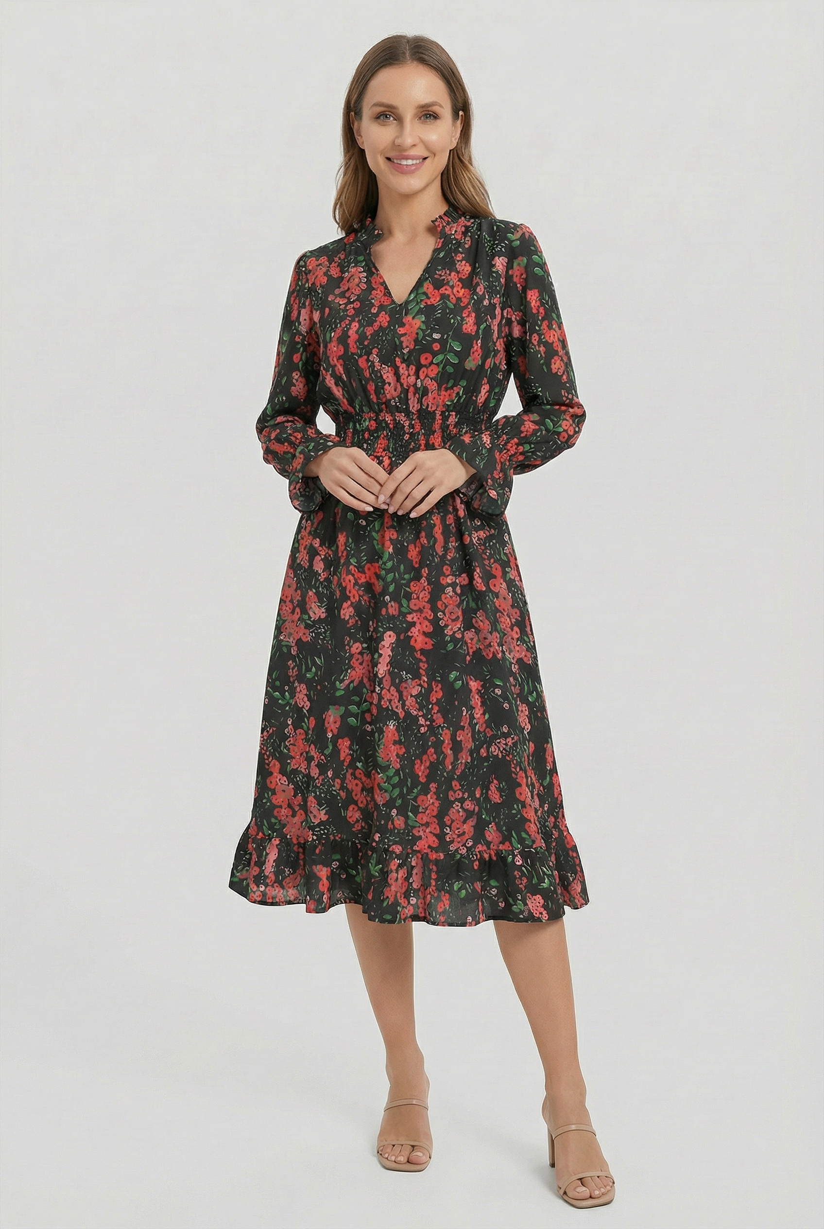 Women's Floral Long Sleeve Summer Midi Dress