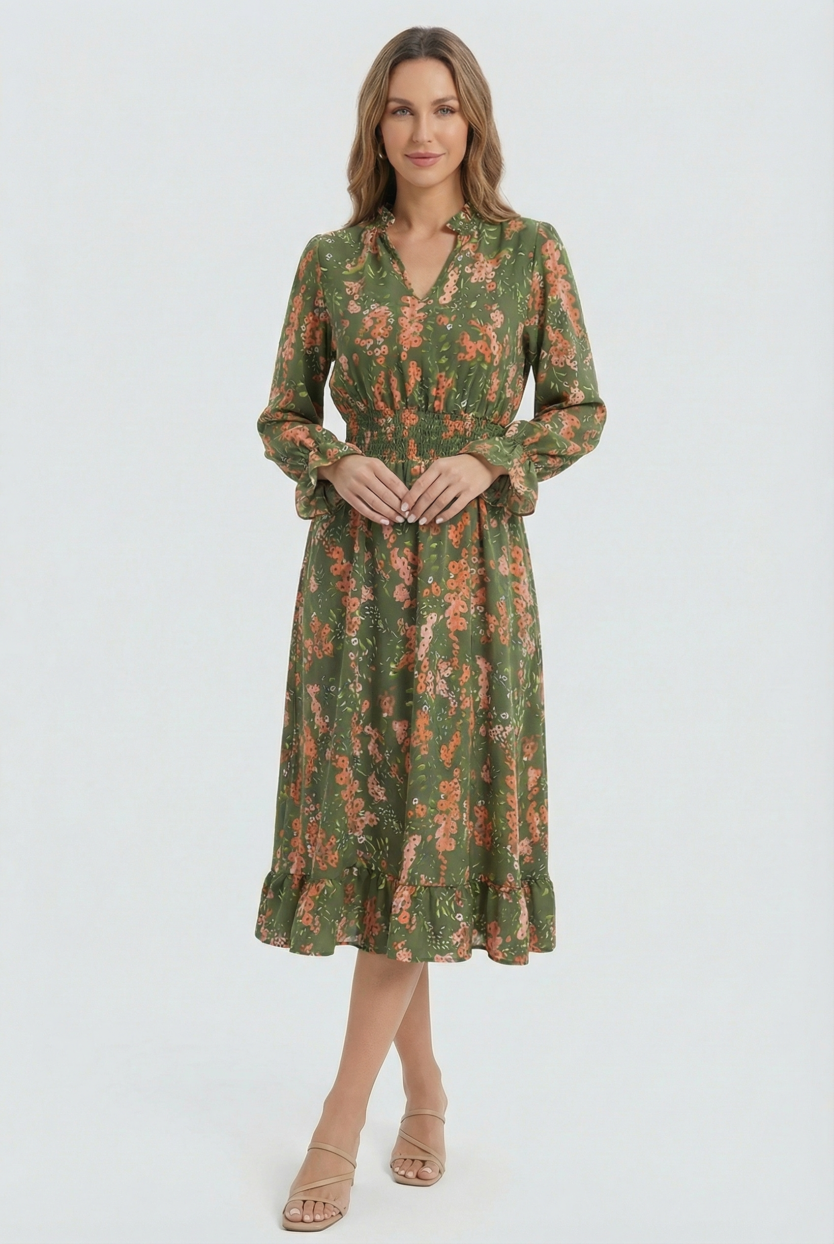Women's Floral Long Sleeve Summer Midi Dress