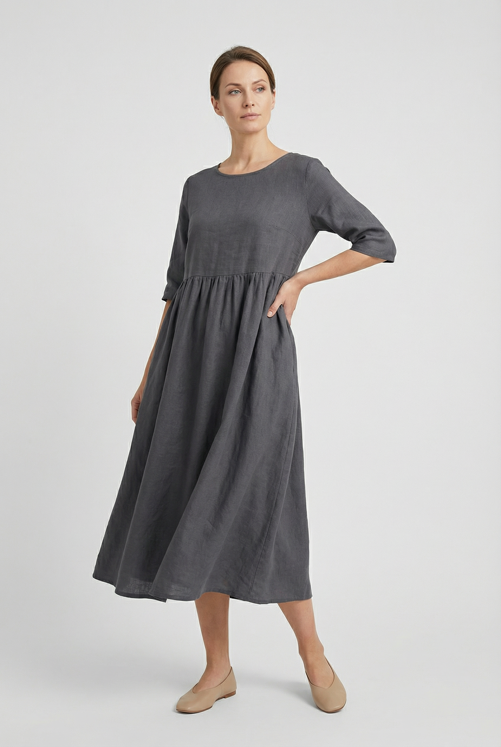 Women's linen casual dress in alternate colour, front view