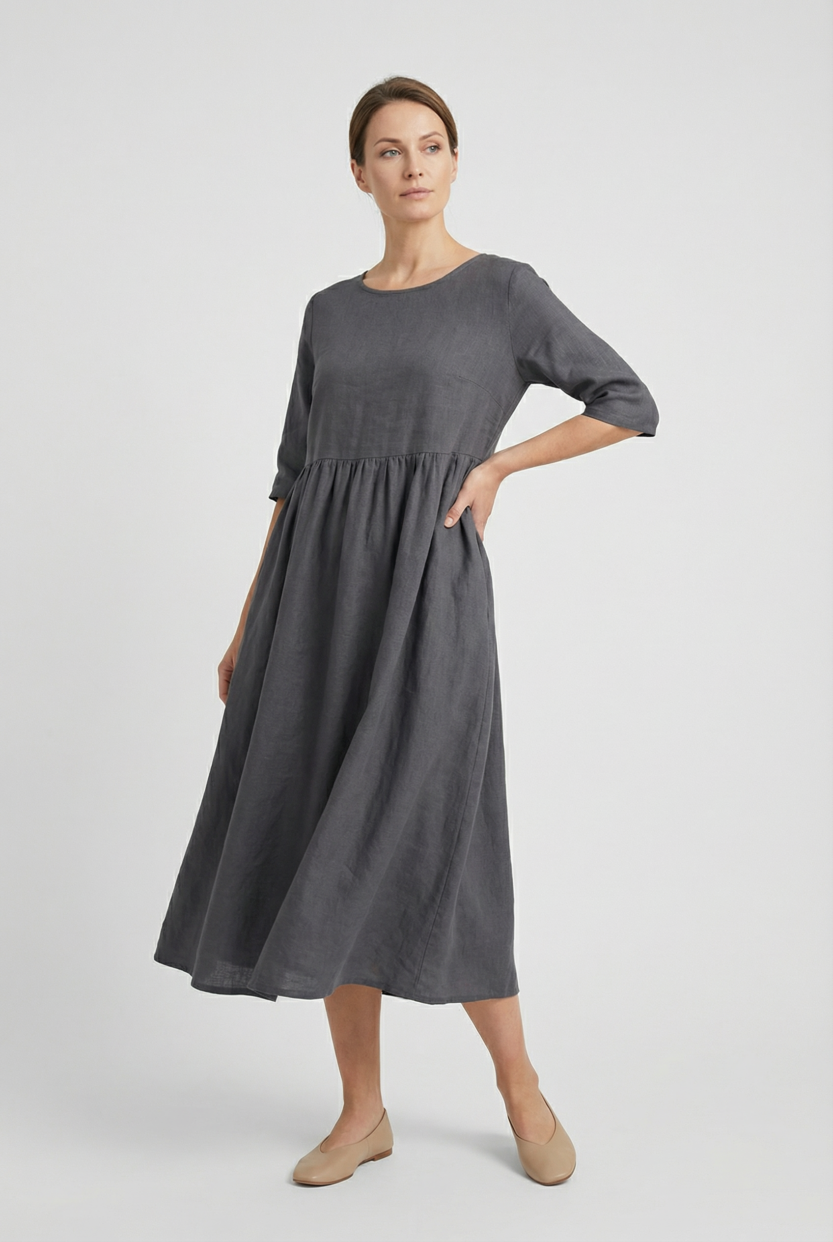 Women's Linen Short Sleeve Casual Midi Dress